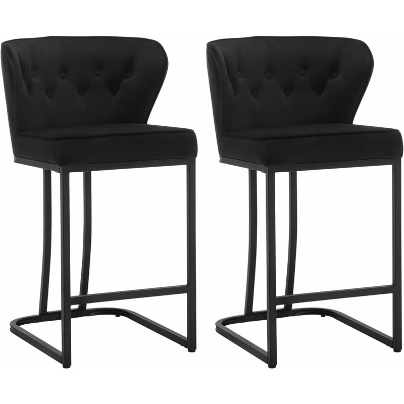 Lot de 2 Tabourets de Bar en Velours, Chaise Ergonomique pour Cuisine, Salon, Pieds en Métal, Noir - Woltu