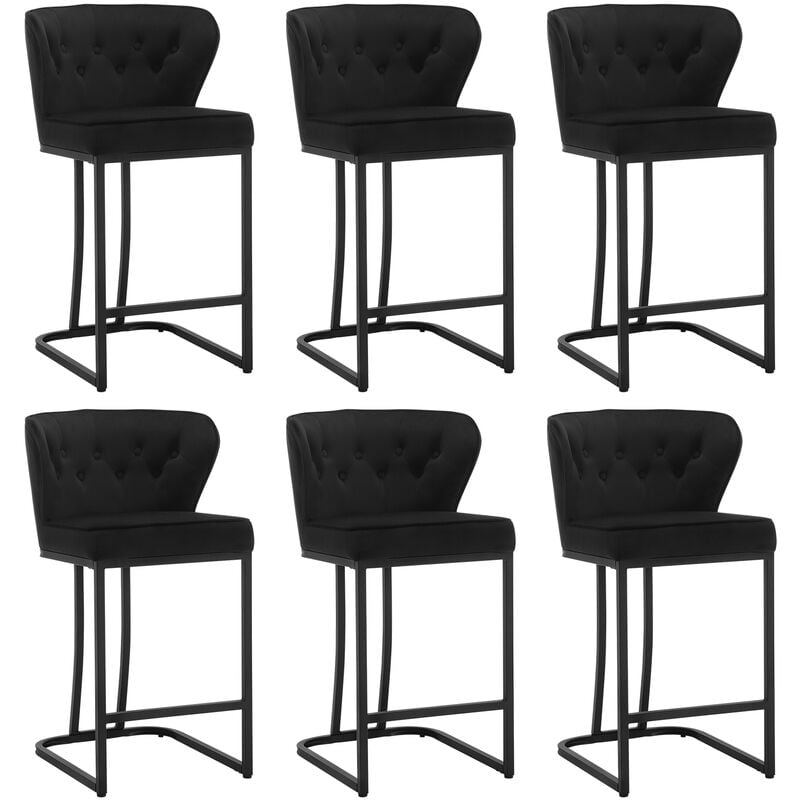 Lot de 6 Tabourets de Bar en Velours, Chaise Ergonomique pour Cuisine, Salon, Pieds en Métal, Noir - Woltu
