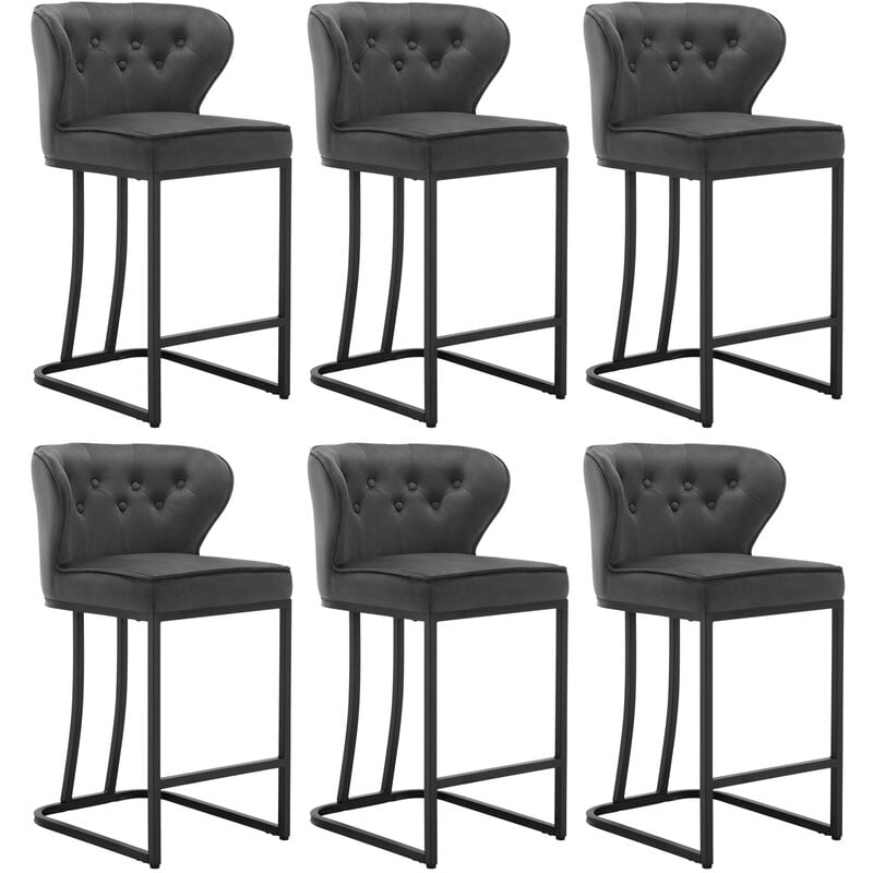 Woltu - Lot de 6 Tabourets de Bar en Velours, Chaise Ergonomique pour Cuisine, Salon, Pieds en Métal, Gris foncé
