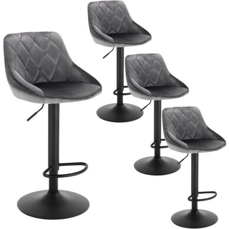 Woltu – Lot de 4 tabourets de bar – Siège en velours gris foncé rembourré – Hauteur réglable 60-82 cm – Pieds en métal – Capacité 120 kg