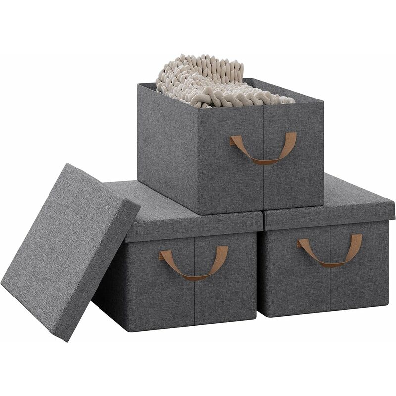 Lot de 3 Boîte de Rangement 48x36x30cm en Tissu non Tissé, Caisse Rangement Pliable, Coffre de Rangement avec Poignée, Couvercle Amovible, Gris