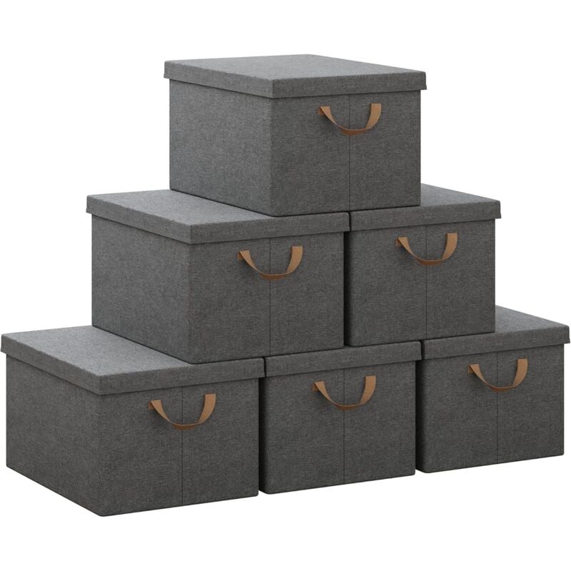 Boîte de Rangement avec Couvercle, Lot de 6, Caisse Rangement Pliable, 43x33x26cm, Coffre de Rangement en Tissu non Tissé, Gris - Woltu