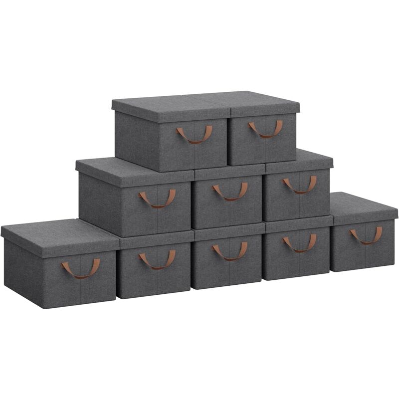 Lot de 10 Boîtes Rangement en Tissu, 38x27x20cm, Boîte de Rangement avec Couvercle, Panier Rangement, Design Pliable,Coffre de Rangement, Gris - Woltu