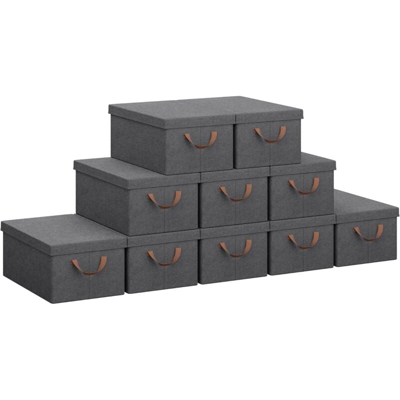 Lot de 10 Boîtes Rangement en Tissu, 48x29x20cm, Boîte de Rangement avec Couvercle, Panier Rangement, Design Pliable,Coffre de Rangement, Gris - Woltu