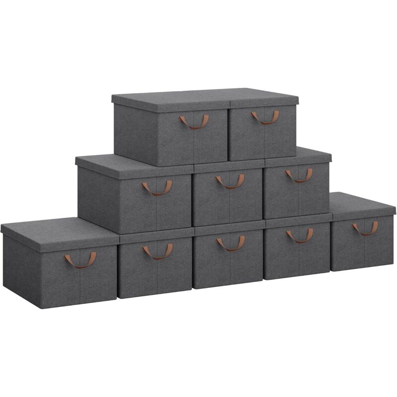 Lot de 10 Boîtes Rangement en Tissu, 43x33x26cm, Boîte de Rangement avec Couvercle, Panier Rangement, Design Pliable,Coffre de Rangement, Gris - Woltu