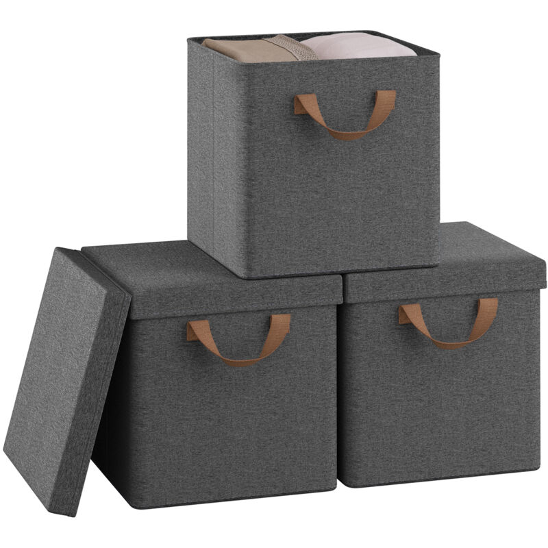 Lot de 3 Boîtes Rangement Woltu 27x27x27 cm, Cubes de Rangement Tissu avec Couvercle, Poignée et Cadre en Métal, Pliable, Gris