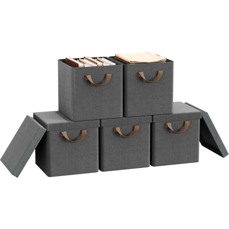 Lot de 5 Boîtes Rangement Woltu 27x27x27 cm, Cubes de Rangement Tissu avec Couvercle, Poignée et Cadre en Métal, Pliable, Gris