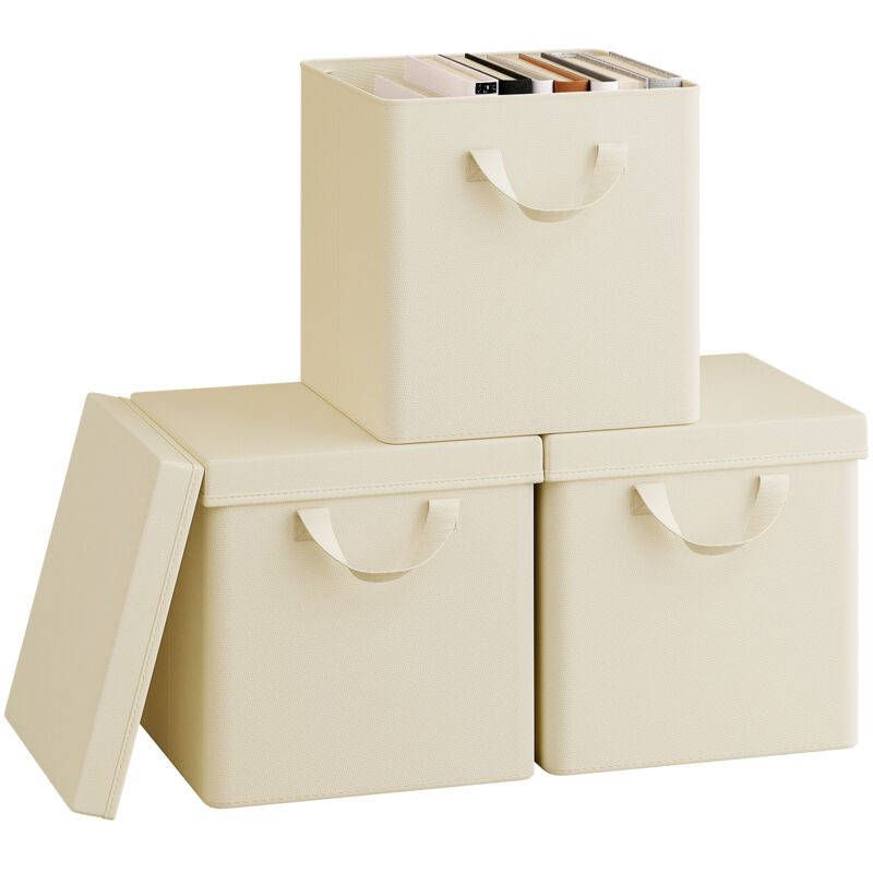 Lot de 3 Boîtes Rangement Woltu 27x27x27 cm, Cubes de Rangement Tissu avec Couvercle, Poignée et Cadre en Métal, Pliable, Crème