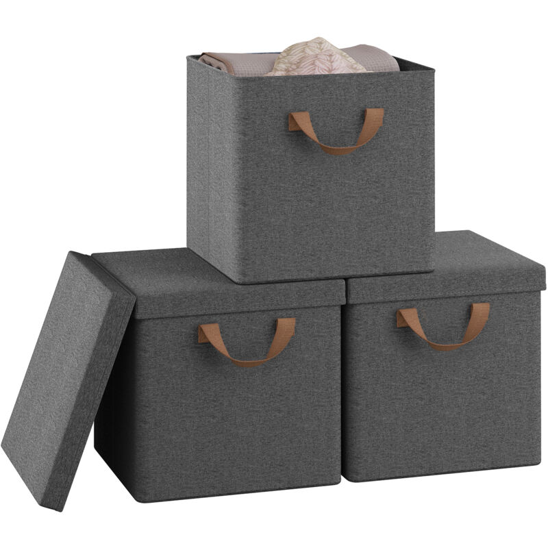 Lot de 3 Boîtes Rangement Woltu 30x30x29 cm, Cubes de Rangement Tissu avec Couvercle, Poignée et Cadre en Métal, Pliable, Gris