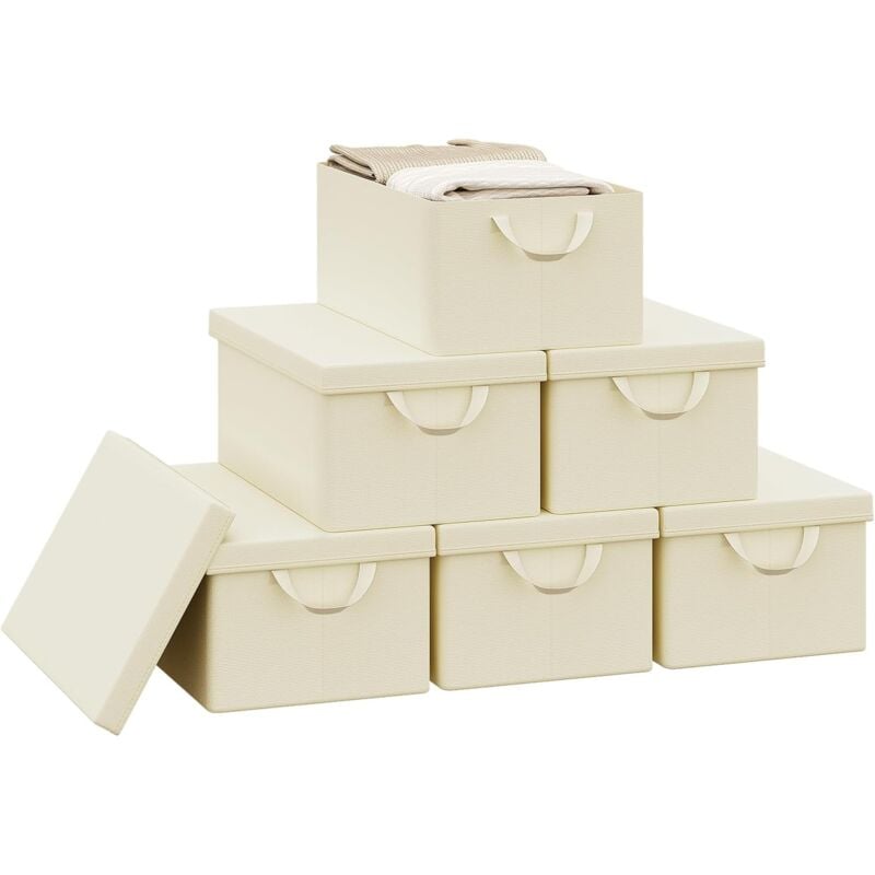 Lot de 6 Boîte de Rangement Woltu 48x29x20 cm, avec Couvercle, Coffre de Rangement en Tissu non Tissé, Pliable, Crème