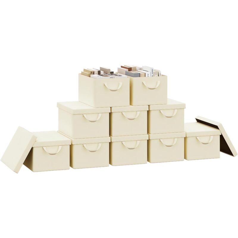 Lot de 10 Boîte de Rangement Woltu 43x33x26 cm, avec Couvercle, Coffre de Rangement en Tissu non Tissé, Pliable, Crème
