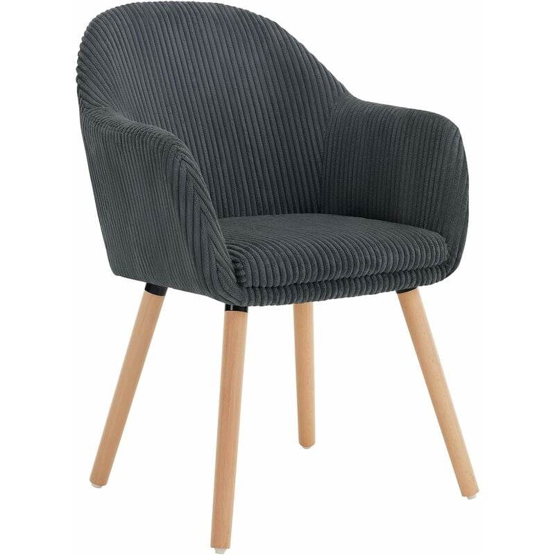 Woltu - Chaise de Salle à Manger en Velours Côtelé + Bois Massif, Chaise de Cuisine 41 x 39 x 83, 5 cm, Chaise Ergonomique avec Accoudoir, Gris Foncé