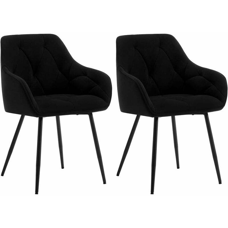 Woltu - Lot de 2 Chaises de Salle à Manger Ergonomique Chaise de Cuisine en Velours Rembourrée, Pieds en Métal, Noir
