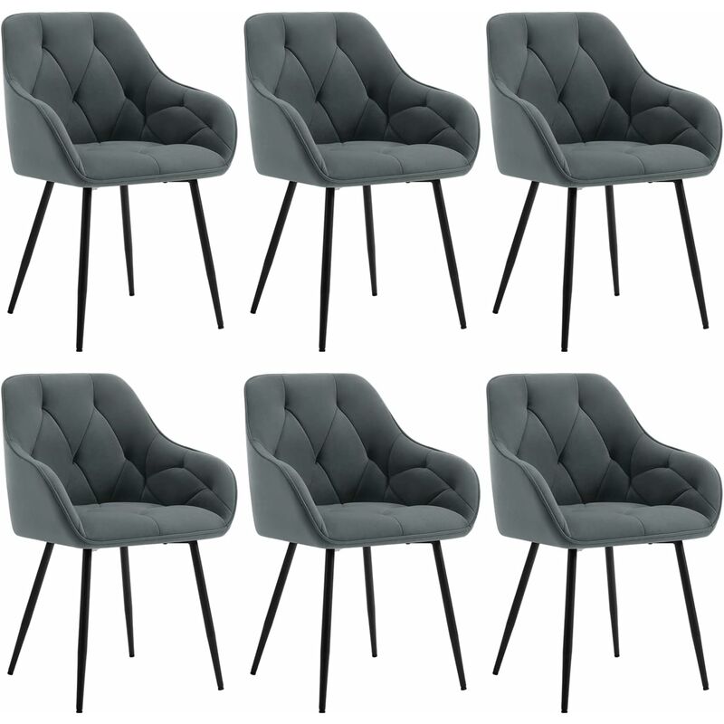 Woltu - Lot de 6 Chaises de Salle à Manger Ergonomique Chaise de Cuisine en Velours Rembourrée, Pieds en Métal, Gris foncé