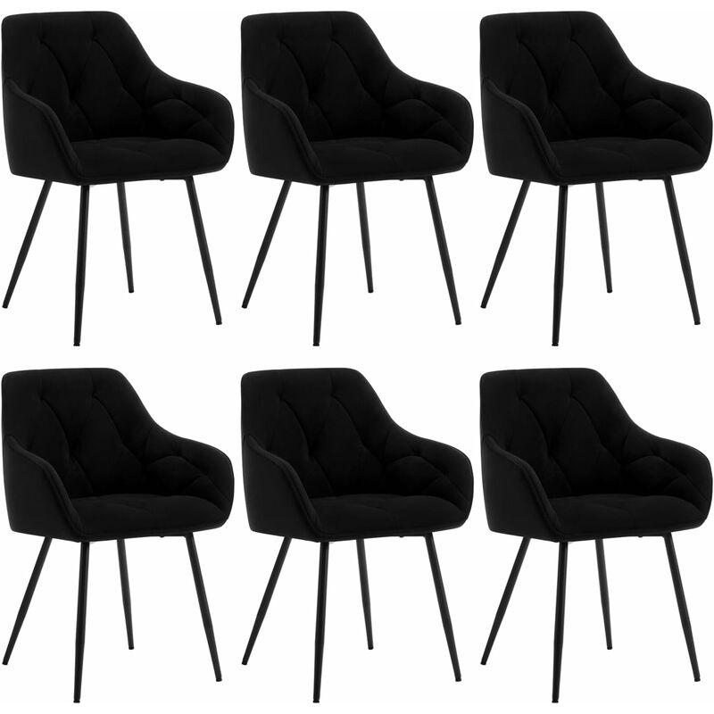Woltu - Lot de 6 Chaises de Salle à Manger Ergonomique Chaise de Cuisine en Velours Rembourrée, Pieds en Métal, Noir