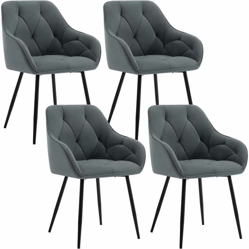Woltu - Lot de 4 Chaises de Salle à Manger Ergonomique Chaise de Cuisine en Velours Rembourrée, Pieds en Métal, Gris foncé