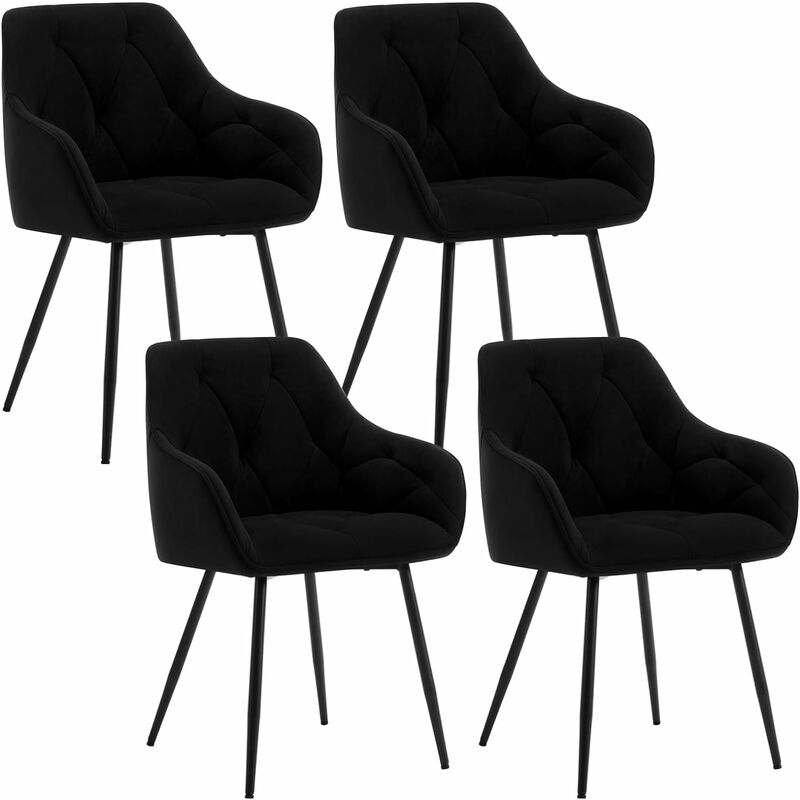 Woltu - Lot de 4 Chaises de Salle à Manger Ergonomique Chaise de Cuisine en Velours Rembourrée, Pieds en Métal, Noir