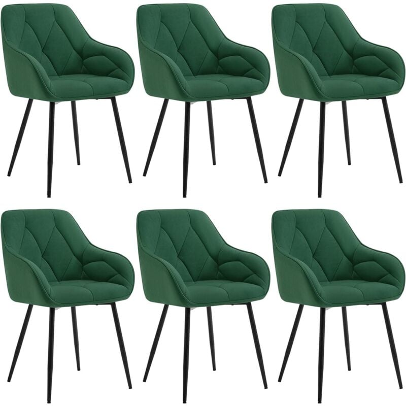 Woltu - Lot de 6 Chaises de Salle à Manger en Velours + Métal, Chaise de Cuisine, Chaise Ergonomique pour Salon, Bureau, Coiffeuse, Vert foncé
