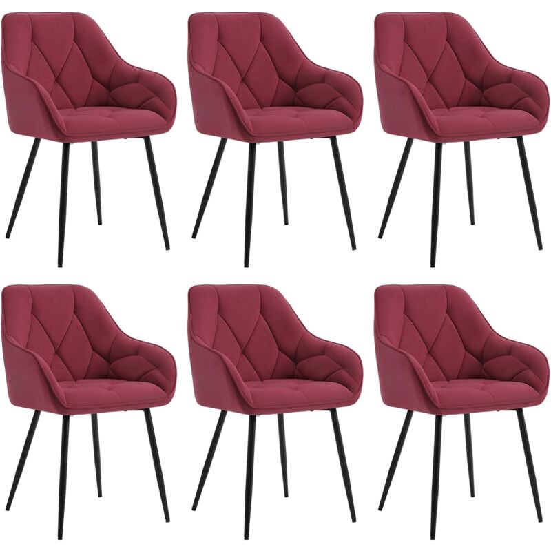 Woltu - Lot de 6 Chaises de Salle à Manger en Velours + Métal, Chaise de Cuisine, Chaise Ergonomique pour Salon, Bureau, Coiffeuse, Bordeaux