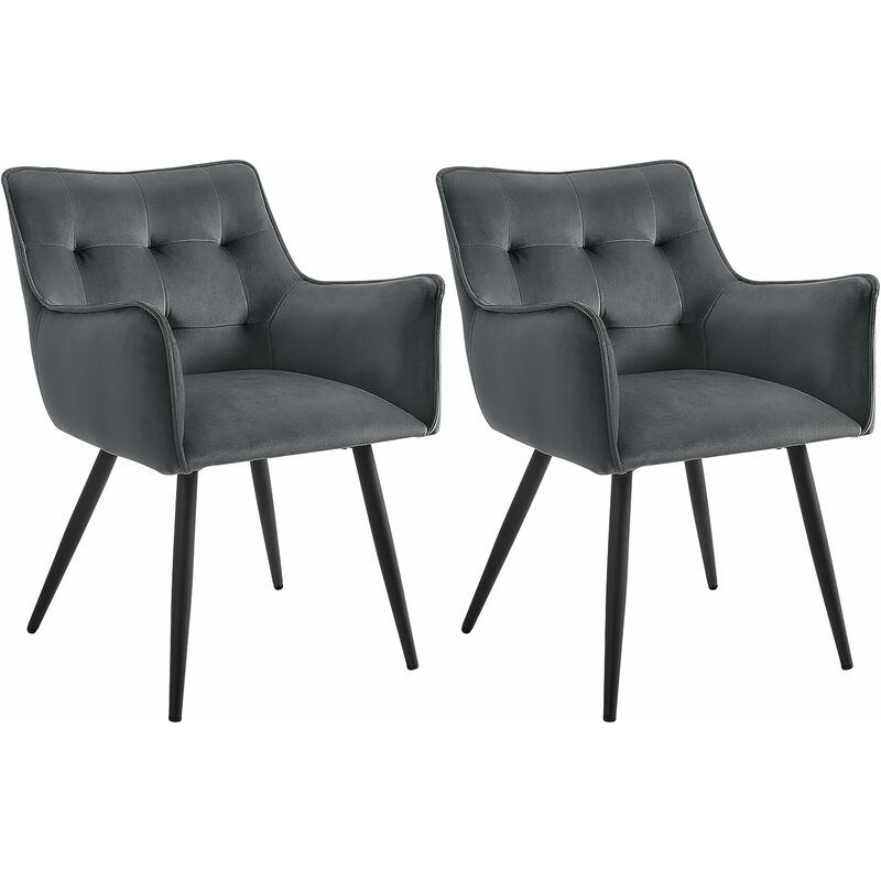 Lot de 2 Chaises de Salle à Manger Scandinave WOLTU, Fauteuil Rembourrée en Velours, Pieds en Métal, Gris foncé