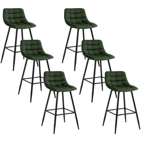 Woltu – Lot de 6 tabourets de bar en velours vert foncé – Hauteur d'assise 64 cm – Pieds en métal – Repose-pieds ergonomique