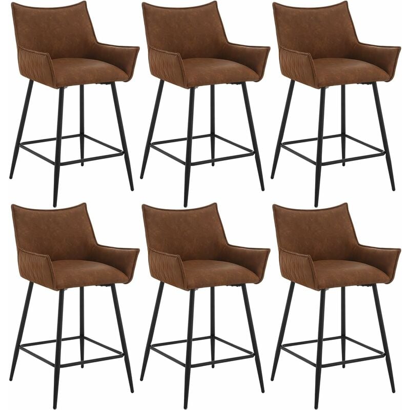 Woltu - Lot de 6 Tabourets de Bar, Tabouret Bistro Rembourré, Chaise Haute en Similicuir, Pieds en Métal, Marron