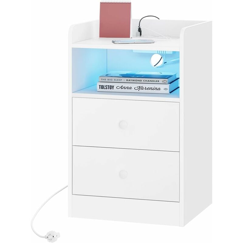 Table de Chevet avec Station de Charge, Table d'Appoint avec Lumière led en Bois, Blanc - Woltu