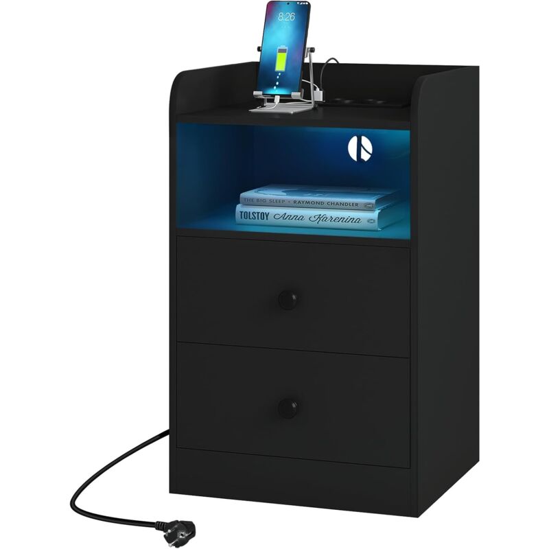 Table de Chevet avec Prises Électriques, Ports usb et Lumière led, Table d'Appoint, Table Basse Étroite, Table de Canapé en Panneaux E1, Noir - Woltu