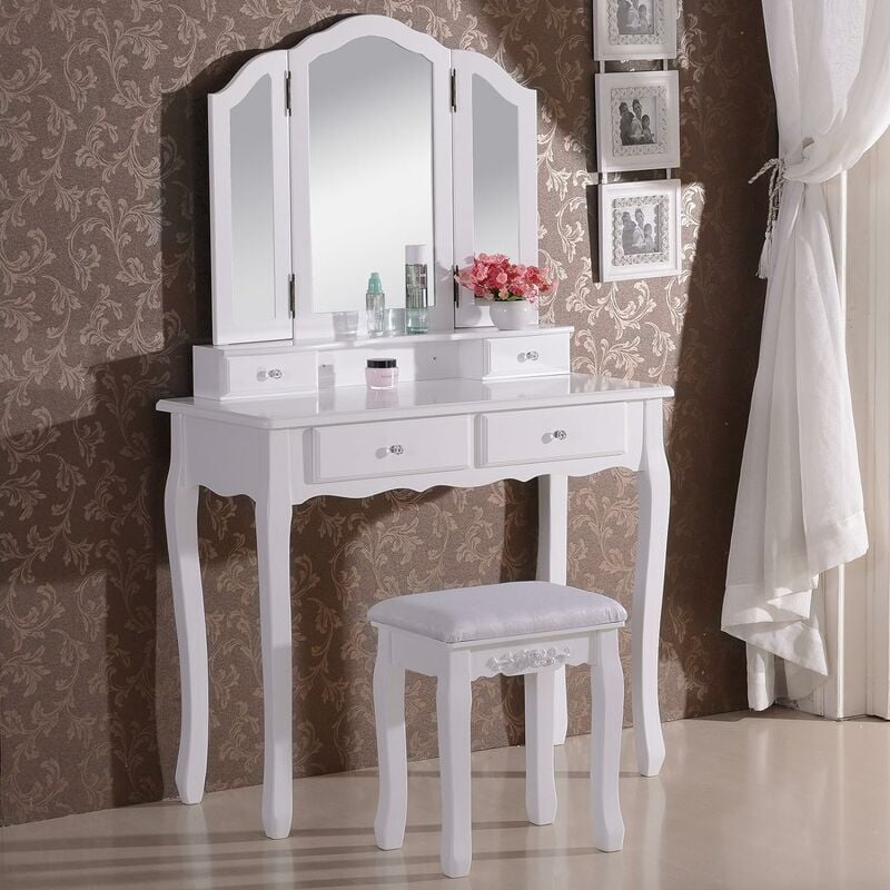 Makeup Desk Cosmetic Table Dressing Table stools Set+Mirrors Drawers - Woltu
