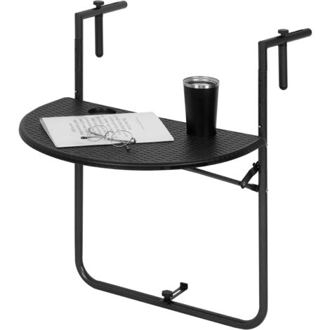 WOLTU Mesa Colgante de Terraza Mesa Plegable para Balcon con 3 Alturas Ajustables Mesa Redondeada Exterior para Terraza Jardin y Patio Mesita Auxiliar de Madera y Metal Negro CPT8143sz