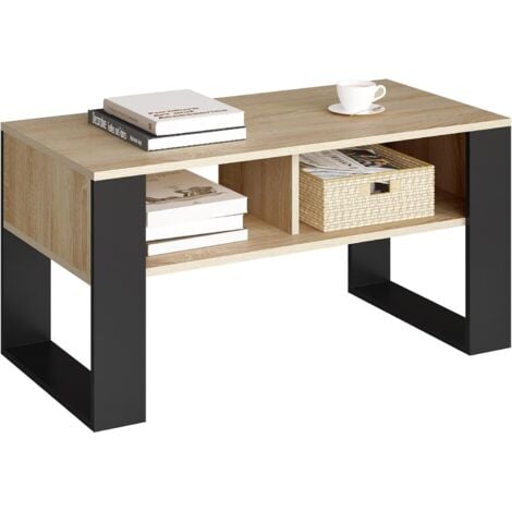WOLTU Mesa de centro con 2 compartimentos abiertos - Mesa de centro Roble claro + negro, 90x45x45cm