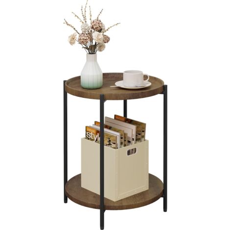WOLTU Mesa de Centro Redonda con 2 Estantes Mesa Auxiliarpara Salon Mesita de Noche Mesa de Sofá para Dormitorio Salón y Cocina MDF+Metal Madera Vintage + Negro 43x43x51cm