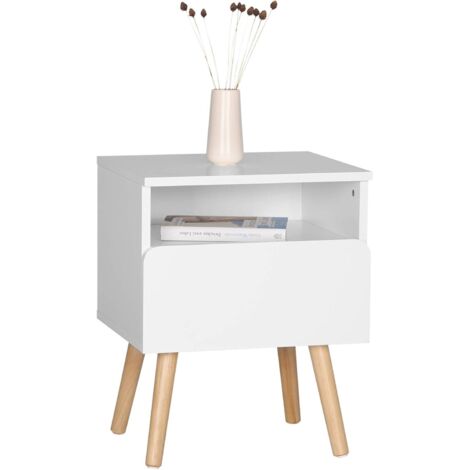 WOLTU Mesita de Noche Mesa de Centro con Cajón y Organizador Abierto con Patas de Madera Mesa para Cama Café Dormitorio Blanco 40x33.5x50cm