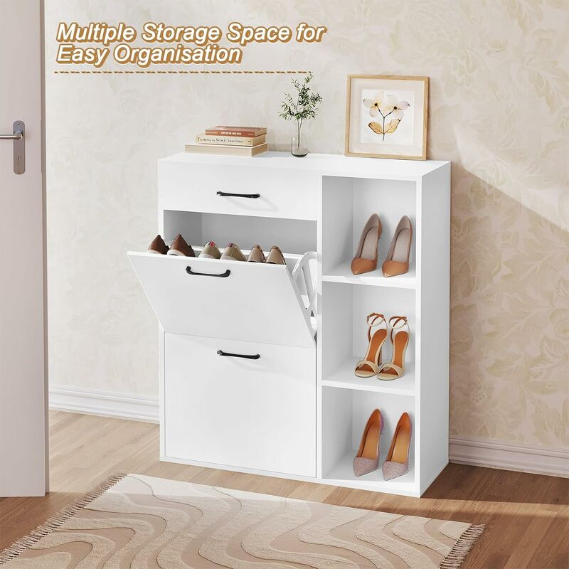 Woltu - Meuble à Chaussures en Bois Composé, 80x90x30cm, , Armoire à Chaussures à 3 Niveaux, Étagère à Chaussures, Blanc