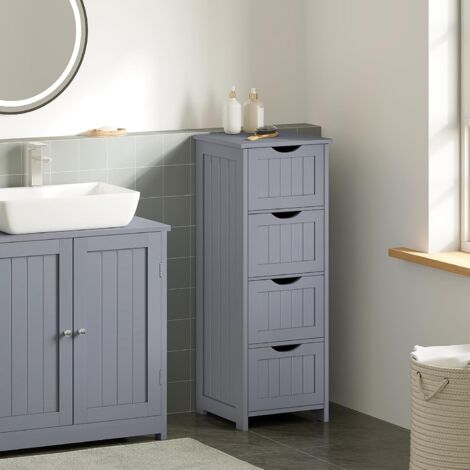 Woltu – Meuble de salle de bain avec 4 tiroirs – Dimensions 30x30x82cm – MDF laqué E1 hydrofuge – Rangement compact et spacieux