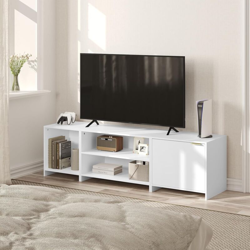 Woltu - Meuble tv Banc tv, Jusqu'à 70 Pouces, 160x39x45cm, Armoire Basse, avec Étagère Réglable, 1 Placard, 3 Compartiments, en Bois D'ingénierie,