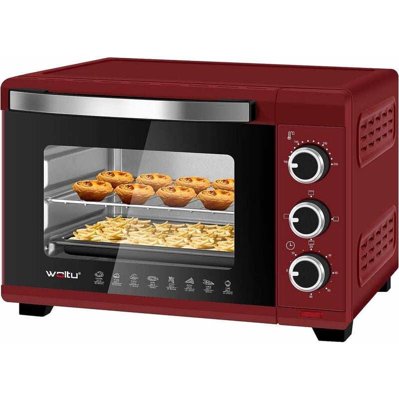 Mini Four, Four Électrique 21 l, Minuterie 0-60 min, 100-230℃, 1280w, Porte à Double Vitrage, Rouge - Woltu