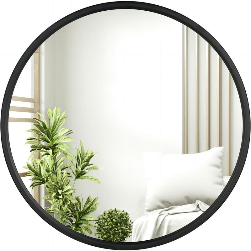 Woltu - Miroir Rond Mural 50x50cm, Cadre en Métal Noir, Miroir Décoratif pour Salle de Bain, Chambre, Salon, Couloir