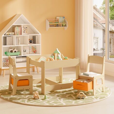 WOLTU Mobili Legno con Lavagna Contenitore Tavolo e 2 Sedie per Bambini Tavolino, Bianco