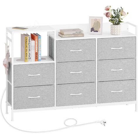 WOLTU Modern 8 Fabric Drawer Chest of Drawers with Charging Station Light Grey+white