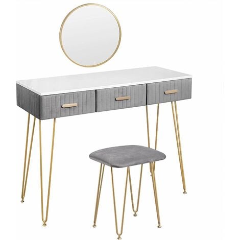 WOLTU Modern Dressing Table Makeup Desk Mirror 3 Drawer Stool Vanity Set Bedroom Grey