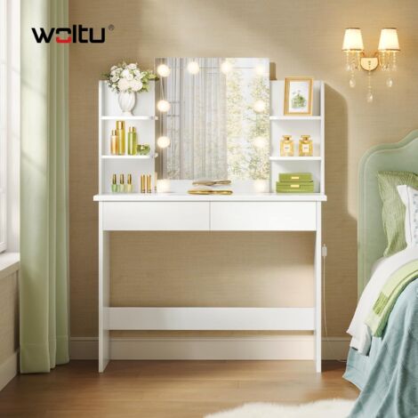 WOLTU Mueble de tocador con espejo LED, 2 Cajones Grandes y 4 Estantes, Blanco
