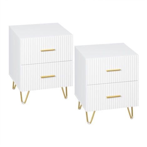 WOLTU Nachttisch 2er Set, Nachtschrank mit 2 Schubladen, Nachtkästchen mit vertikalen Linien, Beistelltisch Nachtkommode für Schlafzimmer, 40x53x35 cm, weiß golden