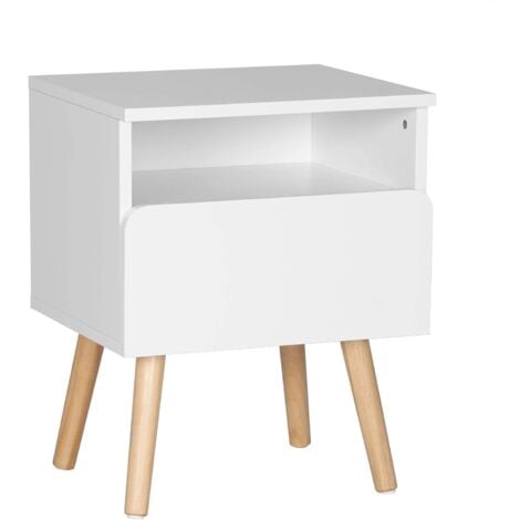WOLTU Nachttisch Nachtkommode Nachtschrank Beistelltisch Sofatisch, mit Schublade und Offenem Fach, mit Beinen, Holz, Weiß, 40x33,5x50cm(BxTxH)