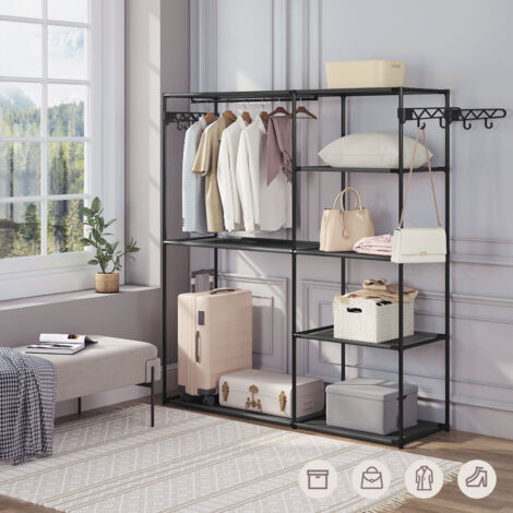 WOLTU offener Kleiderschrank, Kleiderständer Garderobe, freistehende  Garderobenständer mit 8 Ablagen Kleiderstange Haken, für Schlafzimmer, aus Stoff Metall, Schwarz