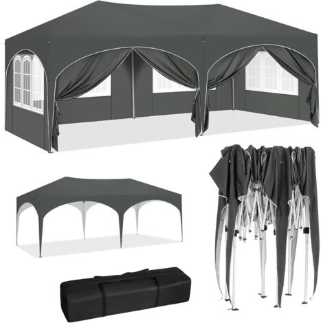 WOLTU Pabellón de Jardín Cenador Plegable Pérgola con Techo Carpa para Exteriores de Tela Oxford 3x6 m con Paredes Laterales Altura Ajustable para Camping y Playa Gris