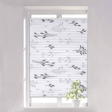 WOLTU Plissee Faltrollo Klemmfix ohne Bohren Zweigmotiv grau  85 x 130 cm