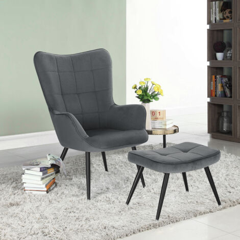 WOLTU Poltrona Imbottita con Pouf Poggiapiedi Sedia Poltroncina Relax in Velluto Grigio