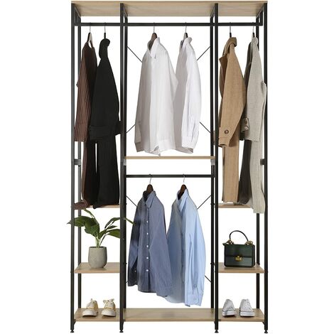 Woltu – Portant à vêtements en acier et MDF 120x40x201cm – Couleur noir et chêne clair – Capacité 30kg par étagère – Structure renforcée