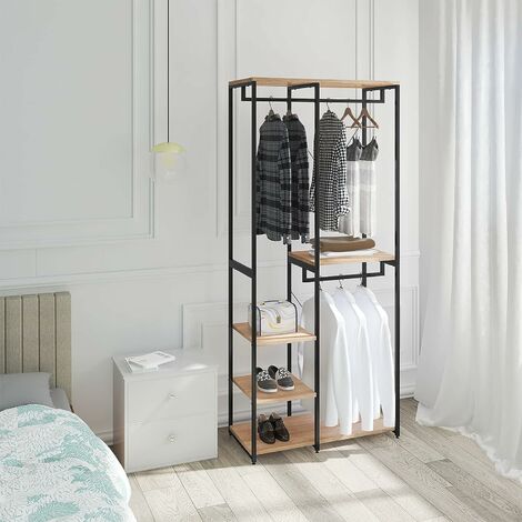 Woltu – Portant à vêtements en métal et bois 90x40x204.5 cm – Capacité 20 kg – Couleur noir et chêne clair – Installation facile